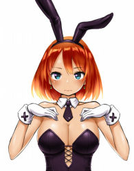 Rule 34 | 1girl, animal ears, bare shoulders, black necktie, blue eyes, blush, breasts, cleavage, detached collar, earrings, fake animal ears, gloves, jewelry, large breasts, leotard, looking at viewer, necktie, original, playboy bunny, rabbit ears, red hair, short hair, simple background, solo, white background, white gloves, zaxwu