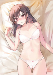 Rule 34 | 1girl, absurdres, bare shoulders, bed sheet, blush, bra, breasts, brown hair, collarbone, highres, long hair, looking at viewer, lying, medium breasts, navel, on back, on bed, open mouth, original, panties, parted lips, pillow, red eyes, solo, thighs, tomozero, underwear, underwear only, white bra, white panties