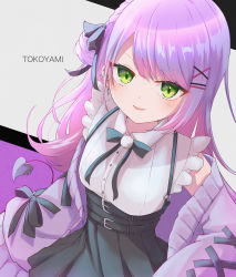 Rule 34 | 1girl, absurdres, black bow, black skirt, blouse, blush, bow, braid, breasts, character name, collared shirt, dress shirt, ear piercing, earrings, green eyes, hair bow, hair bun, hair ornament, hairclip, highres, hilamaru, hololive, jacket, jewelry, looking at viewer, multicolored hair, o-ring, off shoulder, open clothes, open jacket, parted lips, piercing, pink hair, pleated skirt, purple hair, purple jacket, shirt, side bun, single hair bun, single side bun, skirt, small breasts, smile, solo, streaked hair, suspender skirt, suspenders, tokoyami towa, v-shaped eyebrows, virtual youtuber, white shirt, x hair ornament