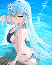 Rule 34 | 1girl, absurdres, arm up, bikini, black bikini, blue hair, breasts, closed mouth, elf, expressionless, flower, frills, hair flower, hair ornament, hand in own hair, highres, hololive, large breasts, long hair, looking at viewer, nama tt1786, pointy ears, pool, solo, strap gap, swimsuit, very long hair, virtual youtuber, wading, water, wet, wet hair, white flower, yellow eyes, yukihana lamy