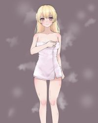 Rule 34 | 1girl, bang dream!, bare legs, bare shoulders, blonde hair, blush, breasts, closed mouth, feet out of frame, grey background, half updo, highres, long hair, looking at viewer, medium breasts, naked towel, ptal, purple eyes, shirasagi chisato, sidelocks, sketch, solo, standing, steaming body, sweat, thigh gap, thighs, towel, wet