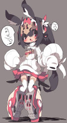 Rule 34 | 1girl, animal ears, blush, dangomushi, full body, grey background, looking at viewer, mechanical boots, open mouth, original, panties, pleated skirt, rabbit ears, red eyes, red skirt, skirt, skirt flip, sleeves past fingers, sleeves past wrists, solo, speech bubble, sweater, thighhighs, translation request, underwear, white panties, white sweater, white thighhighs