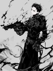 Rule 34 | 1boy, black coat, black eyes, black gloves, black hair, closed mouth, coat, e.g.o (project moon), expressionless, gauntlets, gloves, grey background, gun, handgun, highres, holding, holding gun, holding weapon, limbus company, looking at viewer, male focus, meursault (project moon), project moon, remsrar, smoke, solo, trench coat, weapon