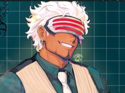 Rule 34 | 1boy, ace attorney, artist name, commentary, earrings, english commentary, eye mask, facial hair, facing viewer, godot (ace attorney), green background, green shirt, grid background, grin, highres, jewelry, male focus, mask, messyinklines, necktie, pinstripe pattern, pinstripe vest, shirt, short hair, sketch, smile, striped, upper body, vest, white hair, white necktie, white vest