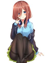 Rule 34 | 1girl, blazer, blue cardigan, blue eyes, blue jacket, blush, breasts, brown hair, cardigan, closed mouth, collared shirt, commentary request, dress shirt, fingernails, go-toubun no hanayome, green skirt, hair over one eye, hand up, headphones, headphones around neck, highres, jacket, knees up, komori kuzuyu, long hair, long sleeves, medium breasts, nakano miku, no shoes, open clothes, open jacket, pantyhose, pleated skirt, shirt, simple background, sitting, skirt, sleeves past wrists, smile, soles, solo, thighband pantyhose, white background, white shirt