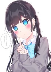 Rule 34 | 1girl, ?, black hair, blue bow, blue eyes, blue nails, blush, bow, cardigan, chikuwa., collared shirt, commentary request, diagonal stripes, dress shirt, ear piercing, earrings, grey cardigan, hair ornament, hairclip, hands up, head tilt, highres, index finger raised, jewelry, long hair, long sleeves, nail polish, original, parted lips, piercing, shirt, simple background, sleeves past wrists, solo, striped, striped bow, stud earrings, translation request, twintails, upper body, very long hair, white background, white shirt, x hair ornament