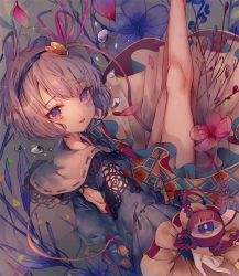 Rule 34 | 1girl, air bubble, arm cutout, backless dress, backless outfit, black headband, blue dress, bubble, cha goma, dress, feet out of frame, flower, from behind, hair ribbon, headband, heart, highres, komeiji satori, lace, lace trim, legs up, long sleeves, looking at viewer, looking back, medium hair, open mouth, petals, pink flower, pink hair, pink ribbon, purple eyes, purple flower, ribbon, smile, solo, third eye, touhou, wide sleeves