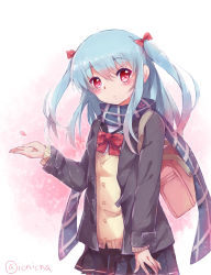 Rule 34 | 1girl, bag, beige sweater, blue dress, blue hair, blush, bow, bowtie, buttons, dress, fubuki (warship girls r), grey jacket, hairband, hand up, highres, jacket, looking at viewer, petals, red bow, red bowtie, red eyes, sailor collar, scarf, school uniform, shoulder bag, sweater, touming renjian, warship girls r, white background