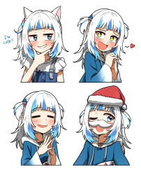 Rule 34 | + +, 1girl, ;d, = =, animal costume, animal ear fluff, animal ears, blue eyes, blue hair, blue hoodie, blue nails, blue overalls, blunt bangs, blush, cat ears, cube hair ornament, ddolbang, drawstring, english text, fake facial hair, fake mustache, fingernails, gawr gura, gawr gura (casual), hair ornament, hand on own chin, hands up, hat, heart, highres, hololive, hololive english, hood, hoodie, long sleeves, looking to the side, medium hair, multicolored hair, multiple views, nail polish, one eye closed, open mouth, overalls, own hands together, santa hat, shark costume, shark girl, shark hair ornament, shirt, sidelocks, simple background, smile, streaked hair, stroking own chin, two-tone hair, two side up, upper body, virtual youtuber, white background, white hair, white hood, white shirt, wide sleeves