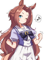 Rule 34 | 1girl, ;), absurdres, animal ears, blue eyes, bow, bowtie, braid, brown hair, clenched hands, gazacy (dai), hair intakes, highres, horse ears, horse girl, horse tail, horseshoe ornament, kawakami princess (umamusume), long hair, looking at viewer, musical note, one eye closed, pleated skirt, puffy short sleeves, puffy sleeves, purple bow, purple bowtie, purple serafuku, purple shirt, sailor collar, sailor shirt, school uniform, serafuku, shirt, short sleeves, simple background, skirt, smile, solo, spoken musical note, tail, tracen school uniform, umamusume, white background, white skirt