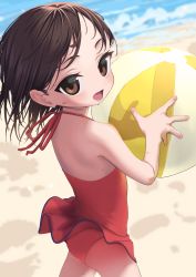 Rule 34 | 1girl, :d, absurdres, backless swimsuit, ball, bare arms, bare shoulders, beach, beachball, blurry, blurry background, bouen, brown eyes, brown hair, casual one-piece swimsuit, commentary request, day, depth of field, frilled one-piece swimsuit, frilled swimsuit, frills, from side, highres, holding, holding ball, looking at viewer, looking to the side, one-piece swimsuit, open mouth, original, outdoors, red one-piece swimsuit, sand, smile, solo, sweat, swimsuit, thick eyebrows, water