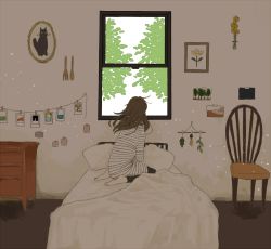 Rule 34 | 1girl, bed, bed sheet, brown hair, cat, chair, drawer, drawing (object), flower, hinao (flowerrabbit2348), original, picture frame, pillow, solo, window