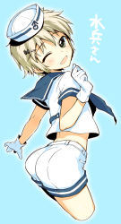 Rule 34 | 1boy, ;d, androgynous, ass, bad id, bad pixiv id, blue background, blue sailor collar, blush, child, dixie cup hat, gloves, hair ornament, hairclip, hat, looking at viewer, looking back, male focus, mars symbol, midriff, military hat, mucha (muchakai), one eye closed, open mouth, original, sailor collar, shorts, smile, solo, translation request, trap, white gloves, wink