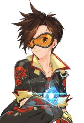 Rule 34 | 1girl, alternate costume, bad id, bad tumblr id, black jacket, black pants, bomber jacket, brown eyes, brown hair, chest harness, closed mouth, collar, collarbone, ear piercing, earrings, floral print, gloves, goggles, harness, highres, jacket, jewelry, lips, looking at viewer, maro (lij512), orange-tinted eyewear, orange goggles, overwatch, overwatch 1, pants, piercing, rose print, short hair, short sleeves, simple background, smile, solo, spiked hair, squatting, swept bangs, tinted eyewear, tracer (overwatch), visor, white background