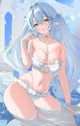 1girl ahoge bare_shoulders bikini blue_hair blurry blurry_background blush breasts cleavage collarbone heart heart_ahoge highres hololive large_breasts livideal navel partially_submerged pointy_ears solo swimsuit virtual_youtuber white_bikini yellow_eyes yukihana_lamy