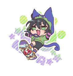 Rule 34 | :3, animal hood, cat hood, cat tail, character name, chibi, fake tail, fang, gloves, green eyes, green hoodie, hood, hoodie, long sleeves, male focus, miya (sk8), open mouth, paw-shaped pupils, shorts, simple background, sk8 the infinity, skateboard, solo, symbol-shaped pupils, tail, white background, zero q