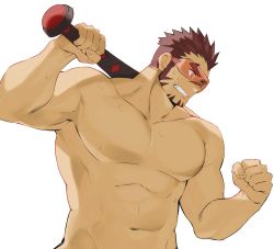 Rule 34 | 1boy, abs, akashi (live a hero), bara, clenched hand, club (weapon), completely nude, facial hair, fai (fai-storage), goatee, highres, large pectorals, live a hero, long sideburns, looking to the side, male focus, muscular, muscular male, navel, nude, over shoulder, pectorals, red eyes, red hair, short hair, sideburns, solo, sunglasses, thick eyebrows, upper body, weapon, weapon over shoulder, white background
