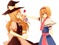 Rule 34 | 2girls, alice margatroid, bad id, bad pixiv id, blonde hair, blue eyes, blush, bow, brown hair, capelet, character doll, dress, embarrassed, female focus, hairband, hat, hat bow, heart, holding, indirect kiss, kirisame marisa, kiss, multiple girls, object kiss, sweatdrop, touhou, tsundere, witch, witch hat, yamada (onigori105), yuri