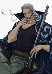 Rule 34 | 1boy, algaebog, bara, benn beckman, black shirt, cigarette, cloak, collarbone, crossed legs, earrings, facial hair, green pants, grey hair, gun, hair slicked back, highres, holding, holding cigarette, holding weapon, jewelry, looking at viewer, male focus, manly, one piece, pants, pectoral cleavage, pectorals, scar, scar on face, shirt, short hair, sitting, smoking, stud earrings, taut clothes, taut shirt, weapon, white background