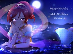 Rule 34 | 1girl, birthday, bracelet, breasts, character name, collarbone, commentary request, dated, earrings, english text, happy birthday, highres, jewelry, looking at viewer, love live!, love live! school idol project, mermaid, mermaid costume, monster girl, moon, night, night sky, nishikino maki, ocean, ponytail, purple eyes, red hair, ric. (marchen mozuku), rock, short hair, signature, sky, small breasts, solo, star (sky), starry sky, twitter username