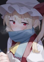 Rule 34 | 1girl, absurdres, ascot, blonde hair, blue scarf, blurry, blush, breath, covered mouth, dark background, depth of field, flandre scarlet, fringe trim, from above, hat, highres, long sleeves, looking at viewer, mob cap, red eyes, red vest, scarf, shirt, side ponytail, suikario, touhou, upper body, vest, white hat, white shirt, yellow ascot