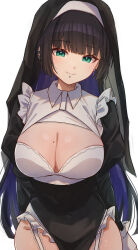 Rule 34 | 1girl, :&gt;, absurdres, black choker, black hair, black leotard, blunt bangs, bocchi the rock!, breasts, chin piercing, choker, cleavage, cleavage cutout, clothing cutout, collared dress, colored inner hair, dress, ear piercing, frilled dress, frills, green eyes, headdress, highres, hime cut, large breasts, leotard, long hair, mole, mole on breast, multicolored hair, nun, pa-san, piercing, purple hair, simple background, solo, thighs, white background, yozakurayuyu