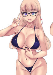 Rule 34 | 1girl, bare shoulders, bikini, black bikini, blonde hair, blue eyes, blush, breasts, cleavage, collarbone, glasses, highres, large breasts, long hair, looking at viewer, navel, nenchi, open mouth, simple background, smile, solo, swimsuit, thighs, v, white background