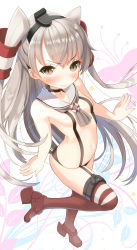 Rule 34 | 10s, 1girl, amatsukaze (kancolle), at-yui, bad id, bad pixiv id, black panties, blush, breasts, brown eyes, censored, convenient censoring, garter straps, highres, kantai collection, long hair, looking at viewer, naked suspenders, navel, panties, personification, red thighhighs, silver hair, small breasts, solo, striped clothes, striped thighhighs, suspenders, thighhighs, twintails, two side up, underwear