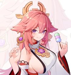 Rule 34 | 1girl, animal ears, blush, breasts, dango, detached sleeves, food, fox ears, genshin impact, hair between eyes, holding, holding food, irain, large breasts, long hair, long sleeves, looking at viewer, nontraditional miko, parted lips, pink hair, purple eyes, ribbon-trimmed sleeves, ribbon trim, smile, solo, upper body, vision (genshin impact), wagashi, white background, wide sleeves, yae miko, zoom layer
