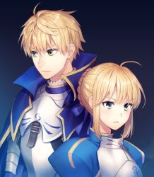 Rule 34 | 1boy, 1girl, armor, arthur pendragon (fate), arthur pendragon (maerchen maedchen), artoria pendragon (all), artoria pendragon (fate), back-to-back, bangle, belt, blonde hair, bracelet, eyebrows hidden by hair, fate/grand order, fate/prototype, fate/stay night, fate (series), green eyes, hair between eyes, jewelry, looking to the side, saber (fate), short hair, upper body, yamigo