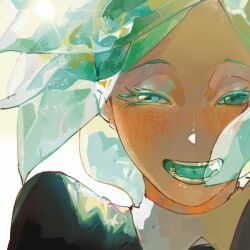 Rule 34 | 1other, androgynous, aqua eyes, aqua hair, black shirt, blush, collared shirt, colored eyelashes, colored mouth, crystal hair, floating hair, gem uniform (houseki no kuni), glint, glowing, glowing hair, half-closed eyes, highres, houseki no kuni, looking at viewer, open mouth, other focus, parted bangs, phosphophyllite, portrait, shirt, short hair, smile, solo, sparkle, teeth, translucent, translucent hair, white shirt, wind, xiaoxiaoguguzi