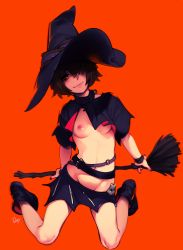 Rule 34 | 1girl, belt, black nails, boots, breasts, broom, brown hair, commentary, feguimel, groin, hair over one eye, hat, nail polish, navel, nipples, orange background, orange eyes, original, short hair, simple background, skirt, solo, witch hat