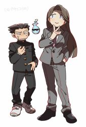 Rule 34 | 1boy, 1girl, ace attorney, black hair, black pants, blue eyes, brown hair, buttoned cuffs, buttons, cosplay, ekubo (mob psycho 100), ekubo (mob psycho 100) (cosplay), formal, full body, gakuran, grey jacket, grey pants, grey suit, hand in pocket, hand on own chest, hand to own mouth, jacket, kageyama shigeo, kageyama shigeo (cosplay), long hair, long sleeves, mia fey, mob psycho 100, necktie, open mouth, pants, phoenix wright, pink necktie, reigen arataka, reigen arataka (cosplay), school uniform, shirt, shoes, short hair, simple background, smile, suit, wahootarou, white shirt