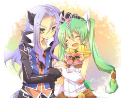 Rule 34 | 1boy, 1girl, animal ears, ascot, blue hair, blush, couple, diras, eggcn bk, closed eyes, forked eyebrows, frey (rune factory), gloves, gold trim, green eyes, green hair, holding hands, harvest moon, hetero, long hair, open mouth, rune factory, rune factory 4, sleeveless, smile, thick eyebrows, twintails