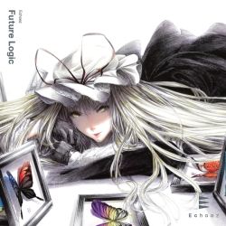 Rule 34 | 1girl, album cover, black gloves, blonde hair, bug, butterfly, cover, female focus, gloves, hat, hat ribbon, insect, lips, lying, on stomach, realistic, ribbon, solo, sousou (sousouworks), touhou, yakumo yukari, yellow eyes