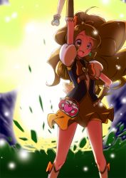 Rule 34 | 1girl, :d, arm up, blonde hair, boots, bow, brooch, cropped legs, cure honey, explosion, hair bow, hand on own hip, happinesscharge precure!, happy, heart, heart brooch, jewelry, knee boots, long hair, magical girl, oomori yuuko, open mouth, orange bow, precure, skirt, smile, solo, white footwear, yellow eyes, yellow skirt, yuto (dialique)