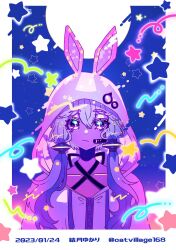 Rule 34 | 1girl, aliasing, animal hood, blue background, border, character name, closed mouth, collarbone, commentary request, criss-cross halter, dated, expressionless, full moon, gradient background, halterneck, highres, hood, hood up, hoodie, ikkokudou, looking at viewer, microphone, moon, outside border, pink hoodie, purple eyes, purple hair, rabbit hood, shooting star (symbol), short hair with long locks, solo, star (symbol), starry background, straight-on, translation request, twitter username, upper body, vocaloid, voiceroid, white border, yuzuki yukari, zipper pull tab