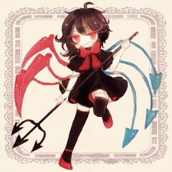 Rule 34 | 1girl, asymmetrical wings, bad id, bad pixiv id, black hair, black thighhighs, brown hair, child, dress, female focus, grin, houjuu nue, lowres, polearm, red eyes, ribbon, short hair, smile, snake, solo, thighhighs, touhou, trident, weapon, wings, yujup, zettai ryouiki