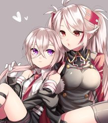 Rule 34 | 2girls, 8931ponzu, antenna hair, azur lane, bare shoulders, black shorts, breasts, closed mouth, collared shirt, cross, crossed bangs, gloves, gold trim, grey background, hair between eyes, hair ornament, heart, iron cross, long hair, looking at another, medium breasts, mole, mole on breast, multicolored hair, multiple girls, necktie, pink eyes, prinz eugen (azur lane), purple eyes, red hair, red neckwear, shirt, shorts, silver hair, simple background, skindentation, sleeveless, sleeveless shirt, smile, suspenders, thighs, twintails, two-tone hair, white gloves, white shirt, z1 leberecht maass (&quot;rebellious&quot; top student) (azur lane), z1 leberecht maass (azur lane)