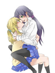 Rule 34 | 2girls, ayase eli, black socks, black thighhighs, blonde hair, blue eyes, blue scrunchie, blue skirt, blush, breasts, brown sweater vest, collared shirt, commentary request, dress shirt, eye contact, green eyes, hair ornament, hair scrunchie, highres, hug, invisible chair, kashikaze, kneehighs, long hair, long sleeves, looking at another, love live!, love live! school idol project, low twintails, medium breasts, multiple girls, otonokizaka school uniform, parted lips, plaid, plaid skirt, pleated skirt, ponytail, purple hair, purple scrunchie, school uniform, scrunchie, shirt, simple background, sitting, skirt, smile, socks, sweater vest, thighhighs, tojo nozomi, twintails, white background, white shirt, yuri