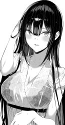 Rule 34 | 1girl, belt, blush, bra, breasts, floral print, greyscale, haitekudasai takamine-san, hand in own hair, hiiragi yuuichi, lace, lace bra, large breasts, long hair, looking at viewer, monochrome, see-through, shirt, sidelocks, simple background, solo, takamine takane, underwear, wet, wet clothes, wet shirt, white background