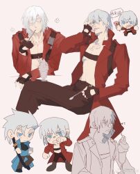 Rule 34 | belt bra, blue coat, blue eyes, chibi, chibi inset, coat, dante (devil may cry), devil may cry, devil may cry (series), devil may cry 3, fingerless gloves, food, gloves, highres, holding, holding spoon, ice cream, looking at viewer, male focus, multiple boys, red coat, spoon, sundae, sword, vergil (devil may cry), weapon, weibo 5936922530, whipped cream, white hair