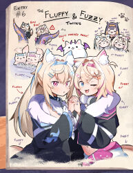 Rule 34 | :3, :d, animal ear fluff, animal ears, arrow (symbol), blonde hair, blue eyes, blue hair, blue nails, book, chibi, collar, cropped jacket, cropped torso, dog ears, dog girl, english text, fang, fur-trimmed jacket, fur trim, fuwawa abyssgard, fuwawa abyssgard (1st costume), fuwawa abyssgard (dog), hair ornament, headpat, headphones, headphones around neck, highres, holding hands, hololive, hololive english, interlocked fingers, jacket, long hair, looking at viewer, midriff, mococo abyssgard, mococo abyssgard (1st costume), mococo abyssgard (dog), multicolored hair, navel, ninomae ina&#039;nis, ninomae ina&#039;nis (1st costume), no humans, one eye closed, open book, open mouth, parted lips, paw print, perroccino (fuwamoco), pink eyes, pink hair, pink nails, reading, siblings, sisters, smile, streaked hair, taiyo sketches, tentacles, twins, virtual youtuber, x hair ornament