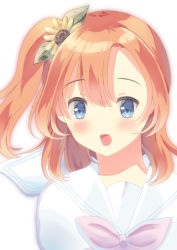 Rule 34 | 1girl, a song for you! you? you!, artist name, artist request, belt, blue eyes, blush, female focus, flower, hair between eyes, hair flower, hair ornament, highres, kosaka honoka, looking at viewer, love live!, love live! school idol project, neckerchief, orange hair, oumiya hinari, parted lips, pink neckerchief, sailor collar, shirt, side ponytail, smile, solo, sunflower, white background, white belt, white shirt