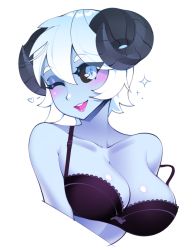 Rule 34 | 1girl, :d, black sclera, blue eyes, blue hair, blue skin, blush, bra, colored sclera, colored skin, commentary, commission, cropped torso, curled horns, demon girl, demon horns, english commentary, halphelt, head tilt, horns, lipstick, looking at viewer, makeup, one eye closed, open mouth, original, pink lips, pink lips, purple bra, short hair, simple background, smile, solo, sparkle, strap slip, underwear, underwear only, white background
