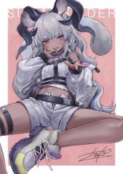 Rule 34 | 1girl, :p, animal ears, beckoning, belt, black belt, border, breasts, character name, dark-skinned female, dark skin, grey hair, grey jacket, grey shirt, grey shorts, hand on own face, high tops, highres, horns, hotateyuki, jacket, leaning back, long hair, long sleeves, looking at viewer, midriff, mole, mole on thigh, mole under eye, open clothes, open shorts, outstretched hand, pink background, project blue (vtuber), puffy long sleeves, puffy sleeves, purple eyes, shirt, shoes, shorts, sitting, small breasts, sneakers, solo, spread legs, squirrel ears, squirrel girl, sugar glider (project blue), tongue, tongue out, unzipped, virtual youtuber, white border, white jacket, white shirt, white shorts