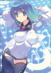 Rule 34 | 1girl, absurdres, arms up, blue eyes, blue hair, breasts, capcom, covered erect nipples, covered navel, e.x. troopers, gradient hair, hairband, highres, holding, large breasts, long hair, long sleeves, looking at viewer, magatama, mitsumi misato, multicolored hair, parted lips, scan, simple background, solo, staff, thighhighs, tiki (e.x. troopers)