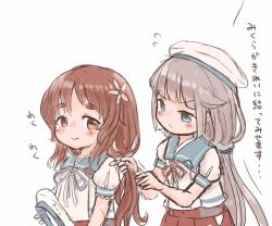 Rule 34 | 2girls, blue sailor collar, brown eyes, brown hair, commentary request, flower, gloves, green eyes, grey hair, hair flower, hair ornament, hat, unworn hat, unworn headwear, hip vent, kantai collection, long hair, low twintails, matching hairstyle, mikura (kancolle), multiple girls, pleated skirt, puffy short sleeves, puffy sleeves, red skirt, sailor collar, sailor hat, sailor shirt, shirt, short sleeves, simple background, skirt, twintails, upper body, white background, white gloves, white headwear, white shirt, wss (nicoseiga19993411), yashiro (kancolle)