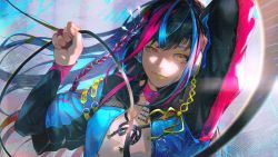 Rule 34 | 1girl, arm up, black hair, blue hair, blue jacket, braid, closed mouth, harusaruhi, headphones, highres, jacket, jewelry, kamitsubaki studio, kyuuba melo, light blue hair, lipstick, long hair, long sleeves, makeup, multicolored hair, open clothes, open jacket, pink hair, ring, shirt, side braid, single braid, solo, sunlight, upper body, virtual youtuber, white shirt, yellow eyes, yellow lips