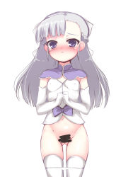 Rule 34 | 10s, 1girl, bad id, bad pixiv id, blue hair, blush, censored, elbow gloves, fin e ld si laffinty, gloves, long hair, navel, no pants, panties, panty pull, purple eyes, pussy, rinne no lagrange, shikano sumiaki, solo, thighhighs, underwear